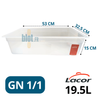 Vue latérale du bac gastronorme GN 1/1 en polypropylène hauteur 15 cm avec dimensions indiquées