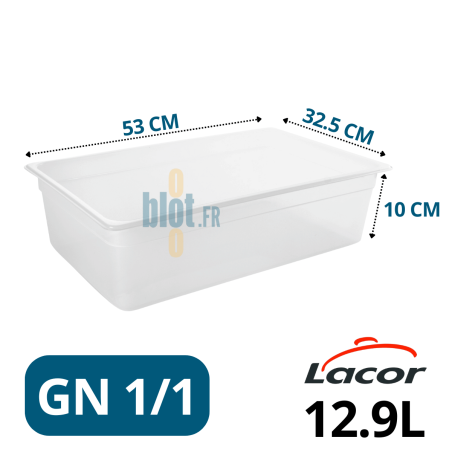 bac gastronorme gn 1/1 polypropylène 12,9l vue de côté avec dimensions affichées