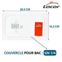 Couvercle polypropylène GN 1/4 blanc vu de dessus avec dimensions 26,5×16,2 cm et étiquette Lacor.