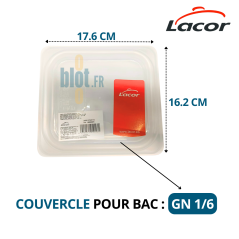 Couvercle polypropylène GN 1/6 transparent posé sur un bac, dimensions 17,6×16,2 cm et étiquette Lacor.