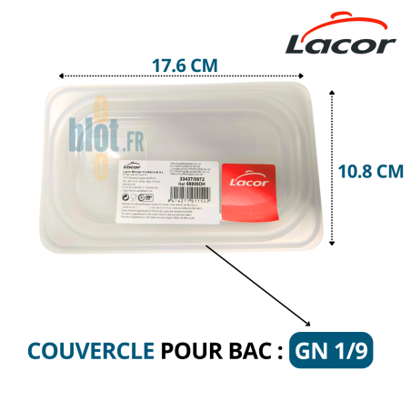 Couvercle polypropylène GN 1/9 transparent posé sur un bac, dimensions 17,6×10,8 cm et étiquette Lacor.