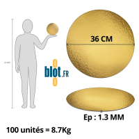 Rond carton or 36 cm avec silhouette 1m80 et informations d’épaisseur.