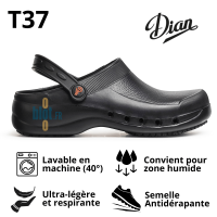 Sabot EVA noir T37 présenté avec ses avantages illustrés.