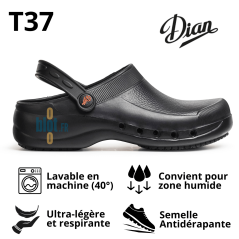 Sabot EVA noir T37 présenté avec ses avantages illustrés.