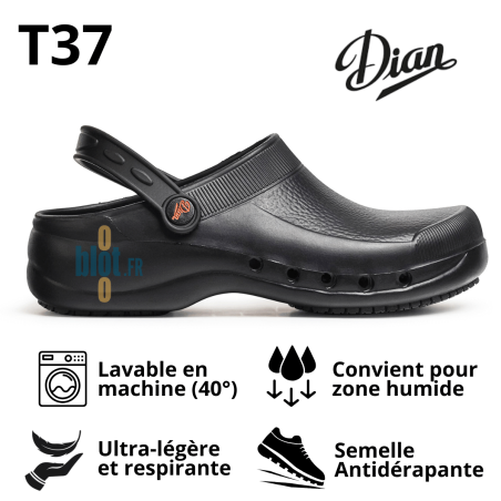 Sabot EVA noir T37 présenté avec ses avantages illustrés.