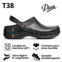 Sabot EVA noir T38 présenté avec ses caractéristiques en pictogrammes.