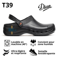 Sabot EVA noir T39 présenté avec les pictogrammes d’usage.