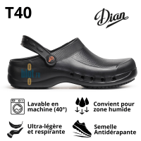 Sabot EVA noir T40 présenté avec pictogrammes des fonctionnalités.