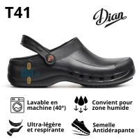Sabot EVA noir T41 présenté avec ses pictogrammes d’utilisation.