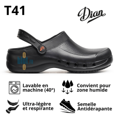 Sabot EVA noir T41 présenté avec ses pictogrammes d’utilisation.