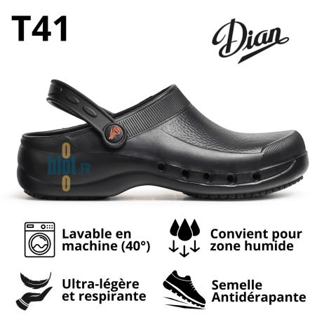 Sabot EVA noir T41 présenté avec ses pictogrammes d’utilisation.