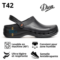 Sabot EVA noir T42 présenté avec les pictogrammes d’informations.