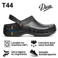 Sabot EVA noir T44 présenté avec les pictogrammes d’usage.