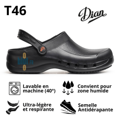 Sabot EVA noir T46 présenté avec les pictogrammes de caractéristiques.