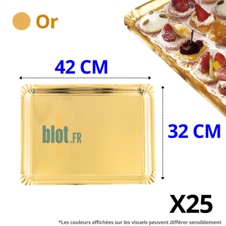 Plateau traiteur carton or 32×42 cm rigide pour buffet, présentation traiteur et pâtisserie.