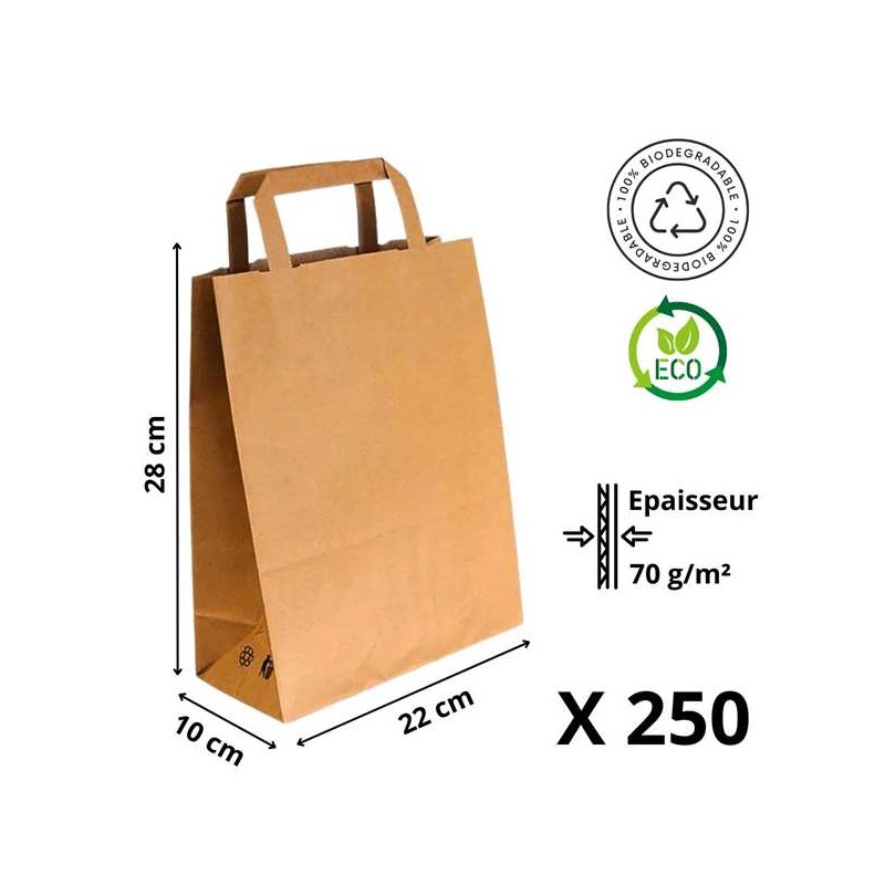 Sac Cabas Kraft Brun avec Poignées Plates - 22+10x28 cm - Lot de 250 Sac Cabas Kraft Brun avec Poignées Plates - 22+10x28 cm - Lot de 250