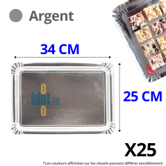 Plateau traiteur carton argent 25×34 cm rigide pour buffet et présentation professionnelle.