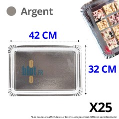 Plateau traiteur carton argent 32×42 cm rigide pour buffet et présentation professionnelle.