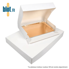 Boîte carton alimentaire blanche 19×28×6 cm avec intérieur adapté aux plateaux traiteur.