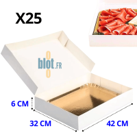 Boîte traiteur carton blanc 32×42×6 cm avec fond rigide pour transport de plateaux grand format.