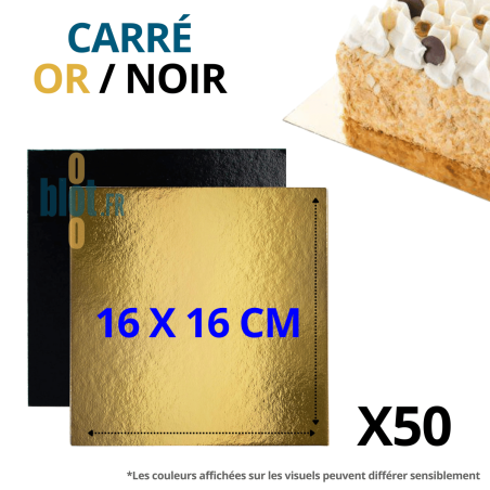Carré carton pâtisserie or noir 16×16 cm double face pour présentation de desserts professionnels.