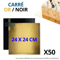 Support pâtisserie carré carton or noir 24x24 cm avec indications de dimensions et conditionnement en lot.