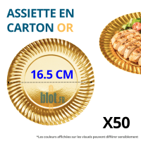 Assiette en carton jetable or brillante Ø16,5 cm avec indication du diamètre et conditionnement en lot de 50.
