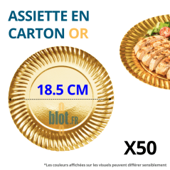 Assiette en carton jetable or brillante Ø18,5 cm avec indication du diamètre et conditionnement en lot de 50.