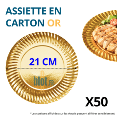 Assiette en carton jetable or brillante Ø21 cm avec indication du diamètre et conditionnement en lot de 50.