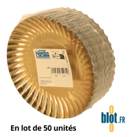 Lot de 50 assiettes en carton or Ø21 cm empilées, étiquette fabricant visible sur la face intérieure.