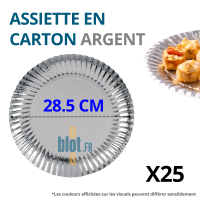 Assiette en carton jetable argent Ø28,5 cm vue de face avec indication du diamètre et conditionnement par 25