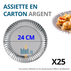 Assiette en carton jetable argent Ø24 cm vue de face avec indication du diamètre et conditionnement par 25