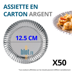 Assiette en carton jetable argent Ø12,5 cm vue de face avec indication du diamètre et lot de 50