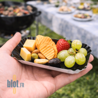 Mini assiette rectangle noire en carton tenue en main avec fruits secs et fromage pour cocktail