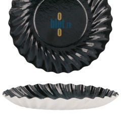 Mini assiette ronde noire jetable Ø8,8 cm vue profil avec bord ondulé et structure rigide