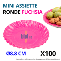 Mini assiette ronde en carton fuchsia Ø8,8 cm vue produit sur fond blanc