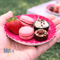 Mini assiette ronde fuchsia Ø8,8 cm tenue en main avec macarons et mignardises