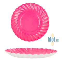Vue dessus et profil de mini assiette ronde carton fuchsia Ø8,8 cm sur fond blanc