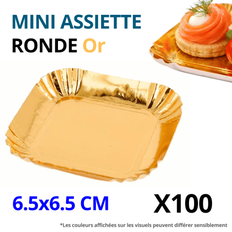 Mini assiette carrée carton or vue de dessus avec finition brillante et bords festonnés.