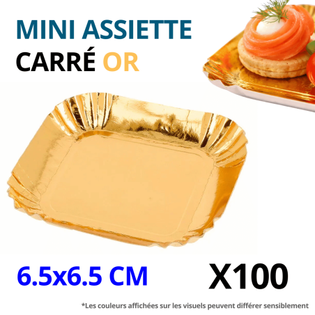 Mini assiette carrée carton or vue de dessus avec finition brillante et bords festonnés.