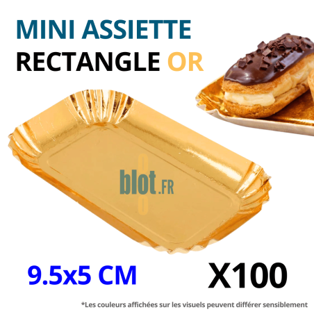 Mini assiette rectangle dorée présentée vide sur fond blanc avec vue supérieure et profil latéral.