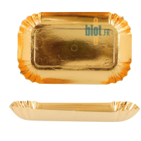 Mini assiette rectangle dorée vue de dessus montrant la surface brillante et les bords plissés.