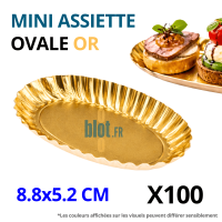 Mini assiette ovale en carton or 8,8 x 5,2 cm vue produit sur fond blanc pour dégustation traiteur