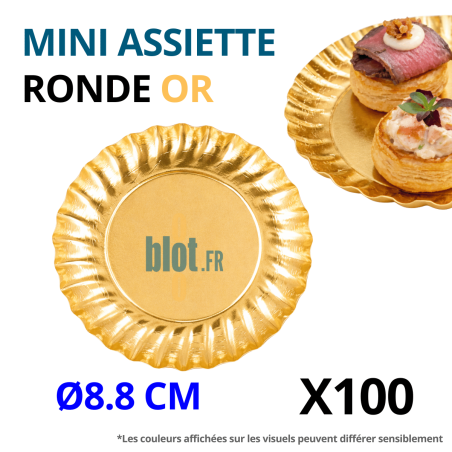 Mini assiette ronde en carton or Ø8,8 cm vue de dessus sur fond blanc pour dégustation traiteur