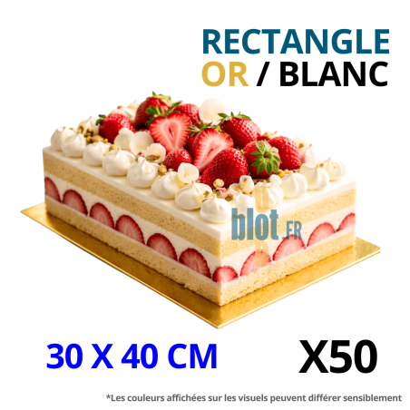 Plaque pâtisserie carton or blanc 30x40 cm avec gâteau rectangulaire en présentation professionnelle