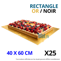 Plateau pâtisserie carton or noir 40x60 cm avec grand gâteau rectangulaire événementiel