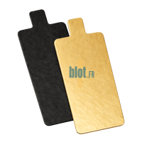 Vue recto verso support rectangle languette or noir en carton alimentaire