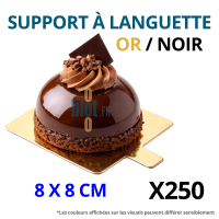 Support carré carton or noir avec languette présentant dessert chocolat individuel