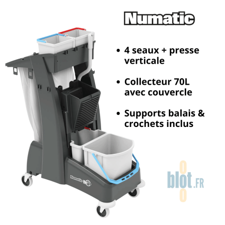 Chariot de ménage Numatic MM-4T avec 4 seaux et presse verticale sur fond blanc