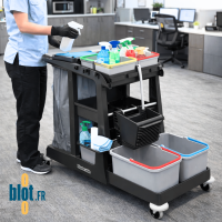 Chariot ECO-Matic 3 en situation de nettoyage bureau avec produits et seaux chargés